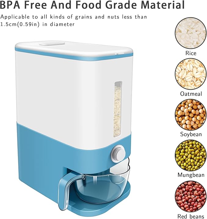 Lenwi 22-25 Lbs Rice Dispenser, Large Cereal Dry Food Storage Containers with Measuring Cup,BPA-Free Household for Kitchen Pantry Organization-Blue