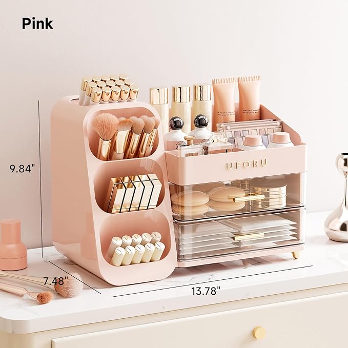 Makeup Organizer for Vanity with Brush Holder, Large Capacity Bathroom Countertop Skincare Organizer with 2 Drawers, Cosmetic Display Case for Perfumes, Eyeshadow Palettes, Nail Polishes