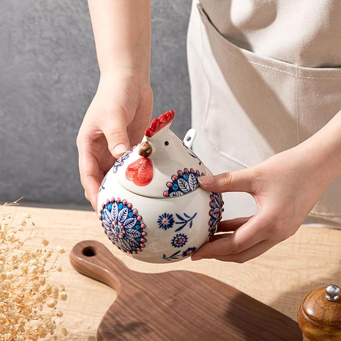 Ceramic Salt Cellar with Lid and Spoon, 13 oz Large Chicken Salt Jar, Chicken Sugar Containers for Countertop, Decorative Kitchen Holder for Coffee, Pepper, Seasonings, Spices, Candy(Blue)
