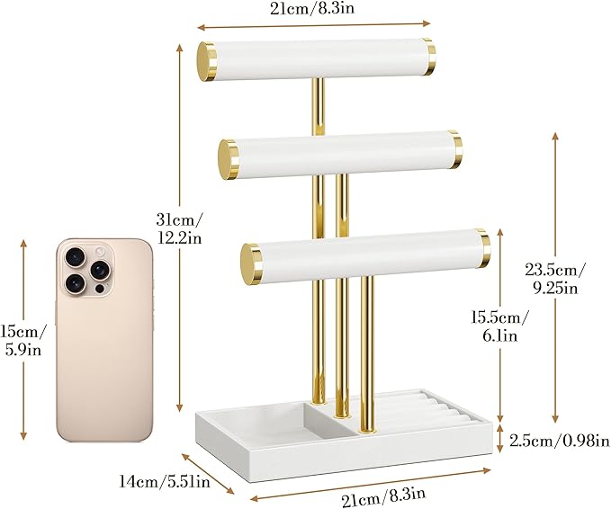 bussdis 3 Tier Bracelet Holder Display - White Leather Bracelet Holder, Detachable T Bar Jewelry Holder Organizer for Bracelet, Necklace, Earrings, Rings, Watches, Bangle