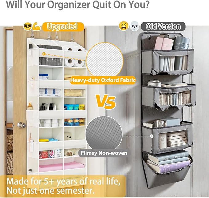 Over The Door Organizer with 5 Shelves, 9 Compartment + 10 Side Pocket, Sturdy Oxford Cloth, Supports 90 lbs, Heavy-Duty Behind the Door Hanging Closet Organizer and Storage for Room Essentials, White