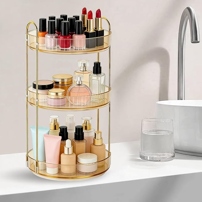 360 Rotating Makeup Organizer for Vanity, 3 Tier Perfume Skincare Organizers and Storage for Bathroom Countertop, Large Capacity Clear Spinning Counter Cosmetic Holder for Dresser, Amber Gold