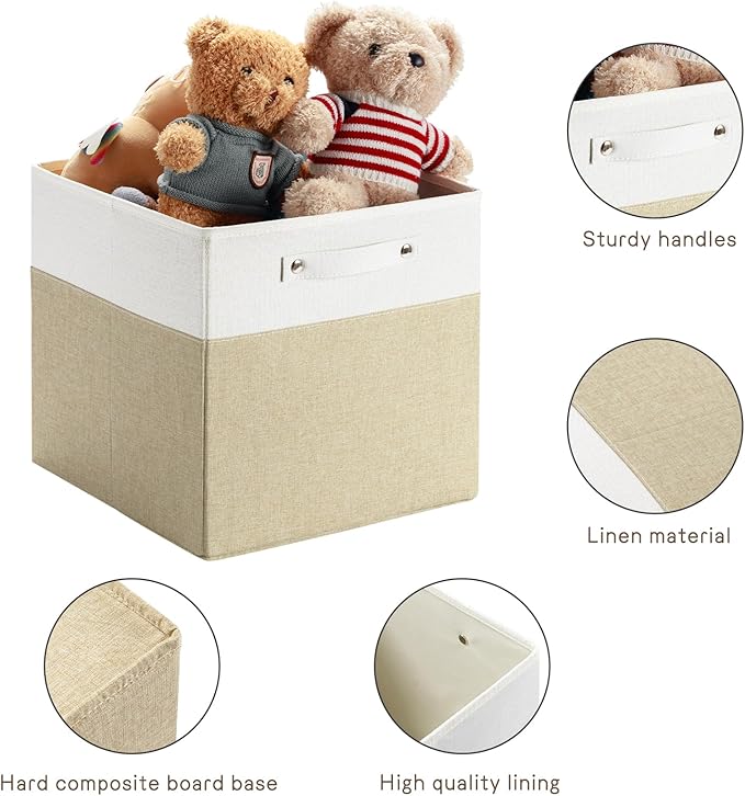 FinishingBo 13 x 13 Inch Fine Linen Storage Bins with Handles,Fabric Cube Boxs,Basket Organizers for Shelves for Home, Closet Drawers (White/Khaki-4 Pack)