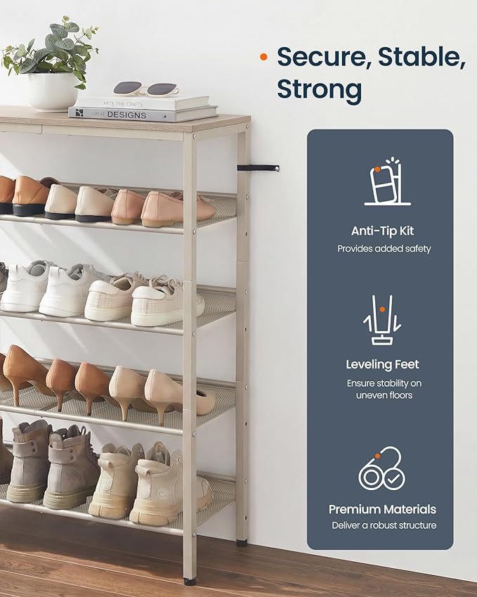 SONGMICS HOME 5 Tier Shoe Storage Organizer, Freestanding Shoe Rack, Dense Mesh, for Living Room, Bedroom, Entryway, Beige