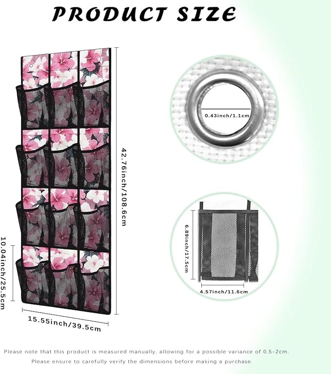 Pink Flower Over The Door Shoe Organizer,Hanging Shoe Organizer for Door with 12 Mesh Pockets,Breathable Organizer Storage Bag,Shoe Rack for Door Sneaker Hanger Boot Storage