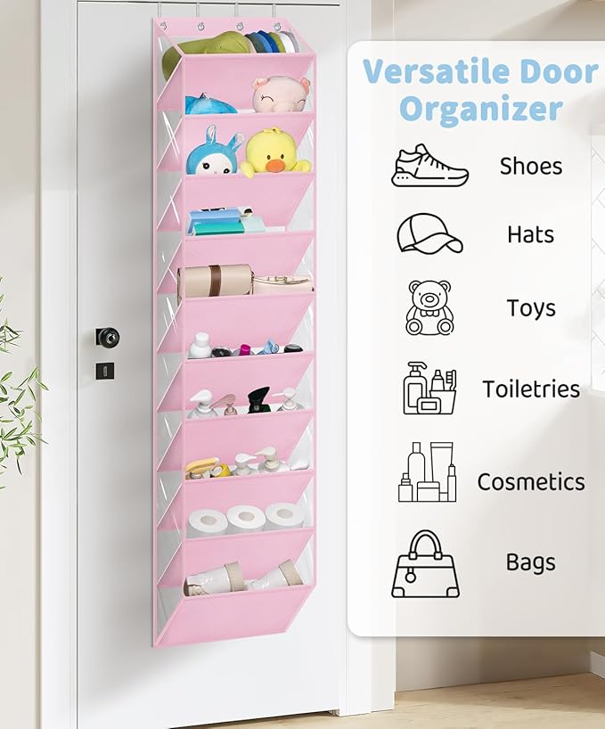 AOODA 10 Tier Clear Over the Door Shoe Organizer Storage, Deep Pockets Large Hanging Shoe Rack for Closet Door, Fit 20 Pairs Shoe Holder Hanger for Sneakers, Boots (Pink)