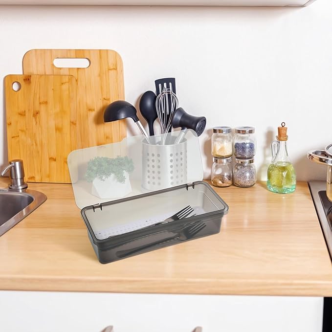 3Pcs Flatware Tray with Lid and Drainer Silverware Tray Kitchen Dinnerware Holder Box Utensil Storage Container Drawer Organizer for Home and Travel