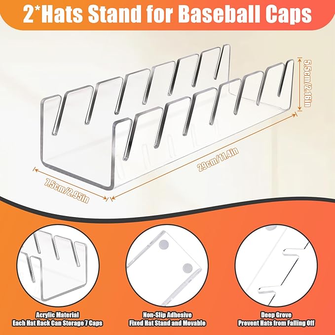 Hat Stand for Baseball Caps, 4 Pack No Install Acrylic Hat Organizer for 28 Baseball Caps Storage Organizer, Hat Racks Hat Holder Display and Organization for Closet, Bedroom, Dresser (Clear-4Pack)