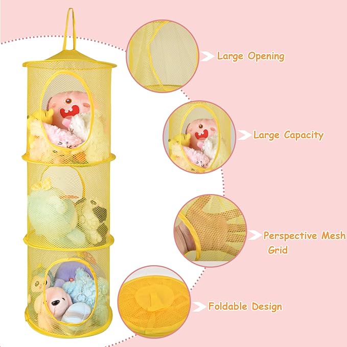 Hanging Mesh Stuffed Animal Storage - 3 Tiers 2 Pack Large Stuffed Animal Net Organizer, Foldable Space Saver Bags Plushie Basket Organization Holder Room Bedroom Playroom Wall Pink & Green