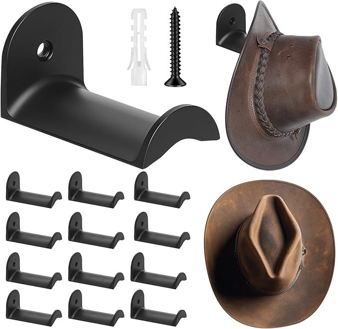 12 Pcs Cowboy Hat Rack for Wall, Hat Holder with Strong Adhesive Screws Bolts, Cowboy Hat Hook Hold up to 12 Hats, Hat Hanger for Baseball Caps Keys Accessories, Western Hat Hook Room Décor