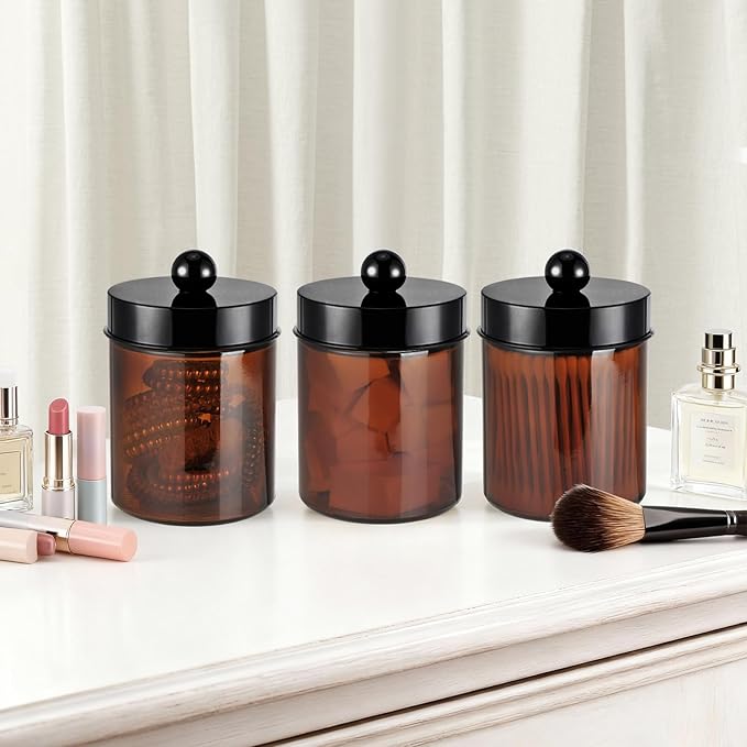 3PC Farmhouse Decor Qtip Holder Apothecary Jars Bathroom Vanity Storage Organizer -Countertop Canister Container &Cute Stickers for Cotton Swab, Ball,Pad,Floss,Paper Clips (Black)