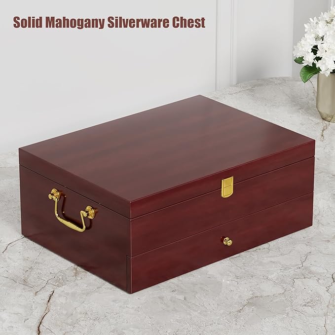 Mahogany Wood Silverware Storage Box,2-Layer Silverware Chest Case with Lid Drawer Handle Silverware Case with Felt Lined,Flatware Storage Box Holds 12-16 Sets of Utensils,Wedding Housewarming Gifts