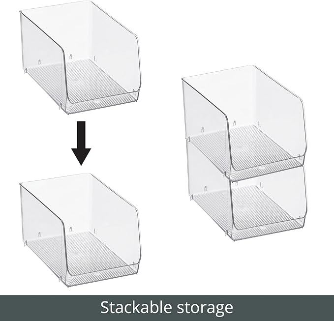 mDesign Stackable Plastic Food Storage Organizer Bin Basket with Open Front for Household Kitchen Cabinets, Pantry, Offices, Closets, Bedrooms, Bathrooms - 7.7" Wide, 4 Pack - Clear