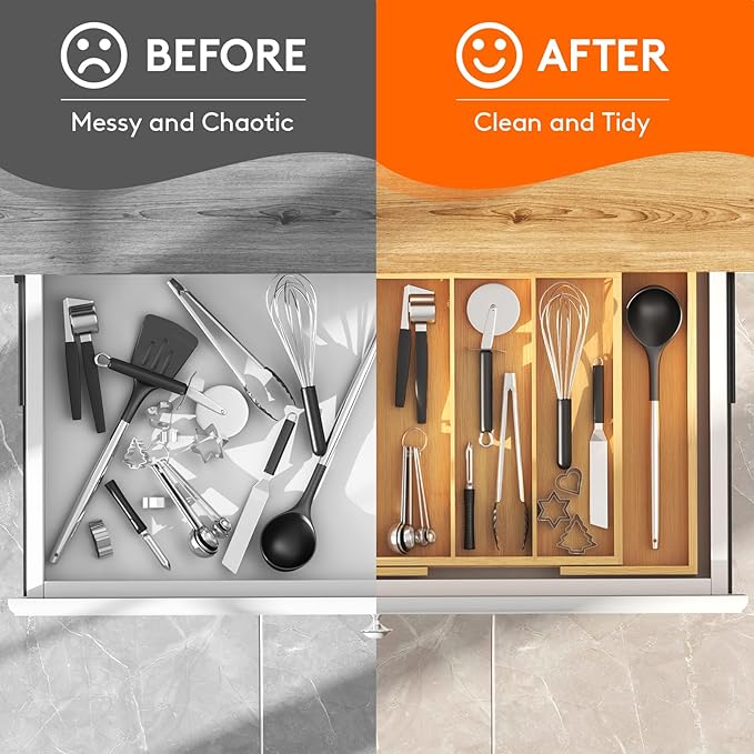 Lifewit Utensil Organizer for Kitchen Drawer, Expandable Cooking Utensil Tray, Cutlery Silverware Flatware Holder, Wood Adjustable Spatula Tools Storage Divider, 13-22x15/ 33-56x38cm, Natural