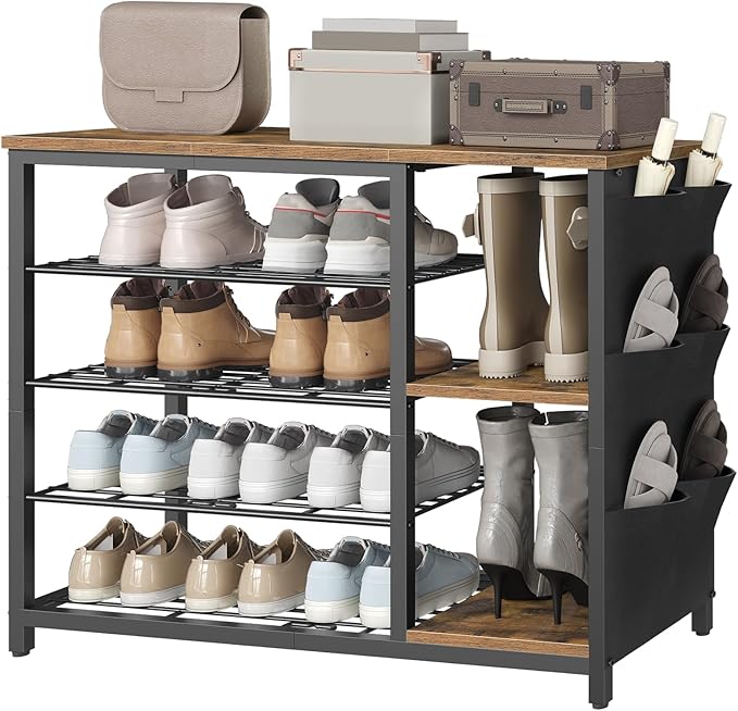YATINEY Industrial 5-Tier Shoe Rack, Metal Shoe Storage Organizer with Side Oxford Pocket, Entryway Heavy Duty Shoe Shelf for Small Spaces, Entryway, Hallway, Rustic Brown and Black SS84BR
