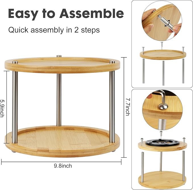 2 Tier Lazy Susan Organizer,Revolving Spice Rack,10 inch Wood Lazy Susan Turntable for Cabinet, Shelf, Countertop, or Table
