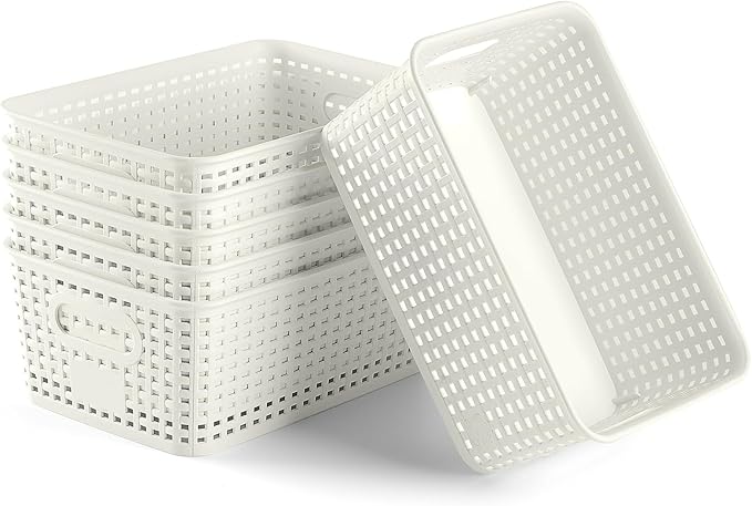 Plastic Storage Baskets 6 Pack Sturdy Storage Organizer Basket Woven Plastic Storage Bins for Shelves,Closet,Countertops, Desktops, Cabinets and Badrooms,Saving Storage, Stylish Design,White