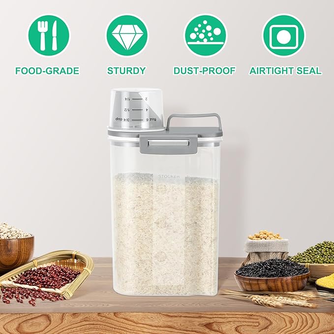 TBMax Rice Storage Container 2 Pack, Plastic Kitchen Pantry Food Storage Container with Cup, Small Pet Dog Cat Food Container Dispenser-Grey
