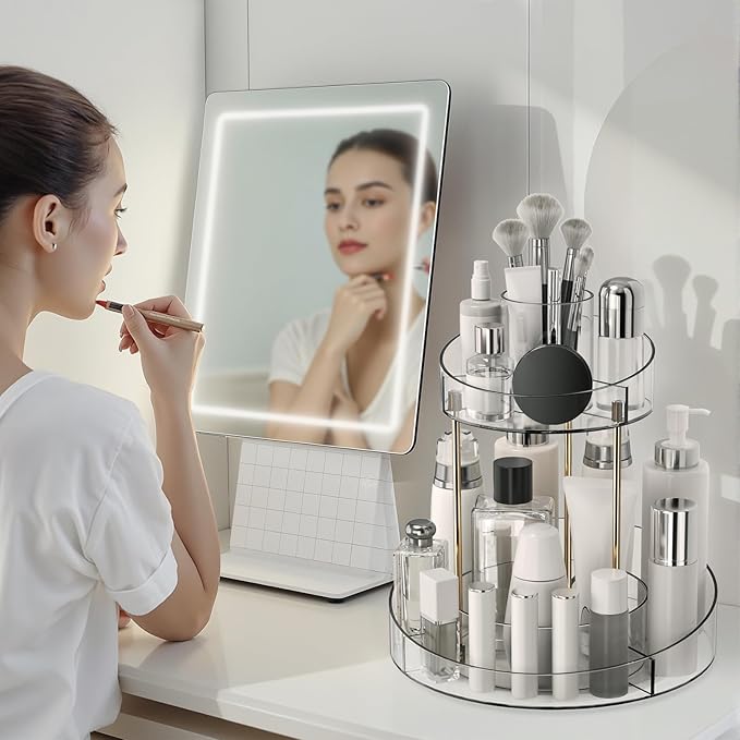 2 tier Makeup Organizer Countertop,360 Rotating Makeup Organizer for Skincare, Lipstick and Perfumes,Multi-function Cosmetic Display Cases for Vanity,Bathroom,Transparent