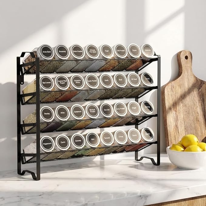 Simple Trending Spice Rack Organizer with 32 Empty Spice Jars, 64 Spice Labels, Chalk Marker and Funnel Set for Cabinet, Countertop, Kitchen, Pantry or Wall Mount, Black