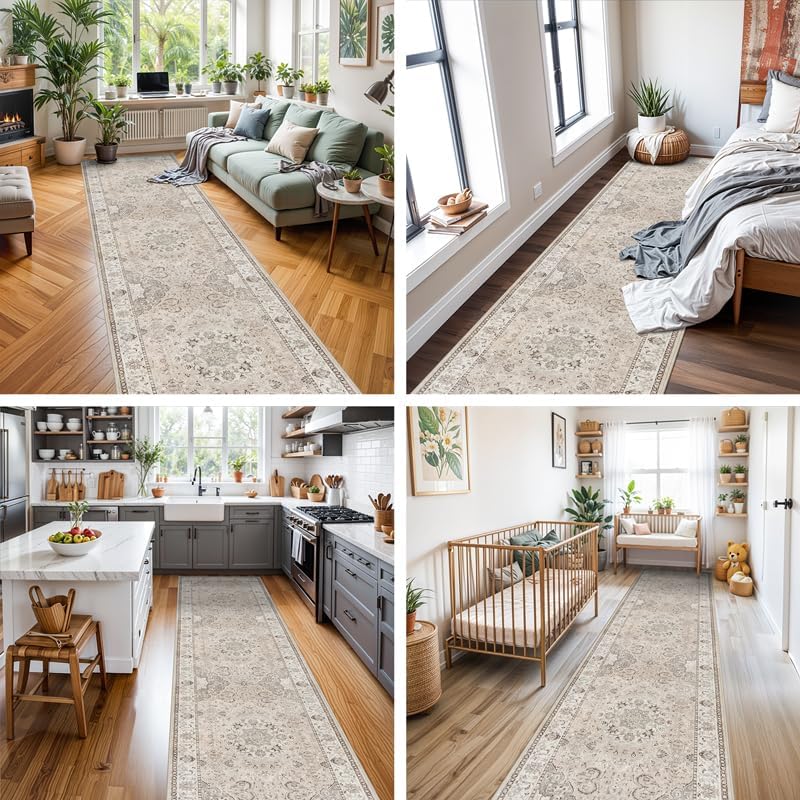 Hallway Washable Runner Rug - 3x10 Kitchen Rugs Entryway Rug Runner Vintage Soft Floor Mat Non Slip Indoor Farmhouse Carpet for Bathroom Living Room Bedroom (3 X 10, Beige) - Image 6