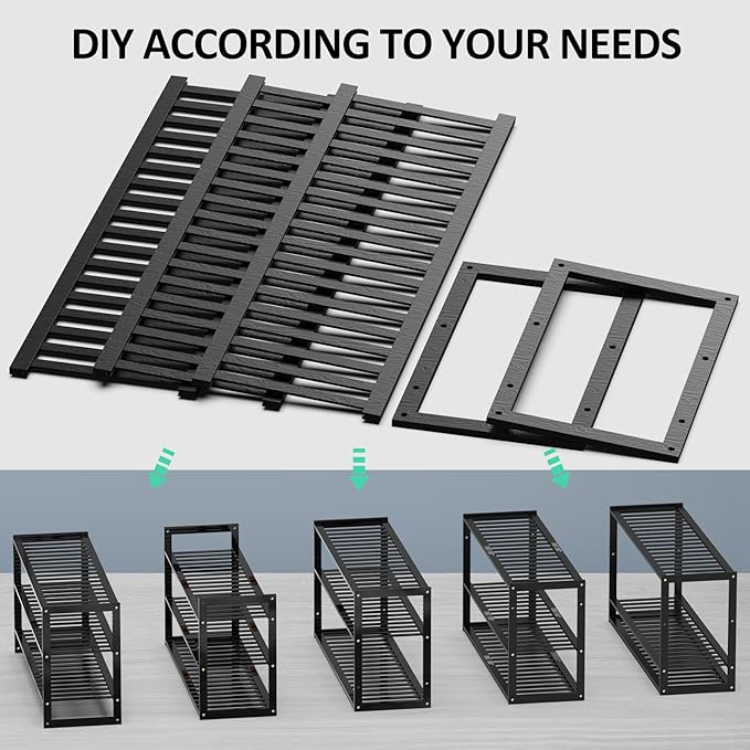 Jripae Bamboo Shoe Rack for Closet, 3 Tier 32.5inch Longer Shoe Organizer Shelf Holder Storage 12-15 Pairs Stackable for Entryway Door Hallway Bedroom Garage Space Saving Foldable Black