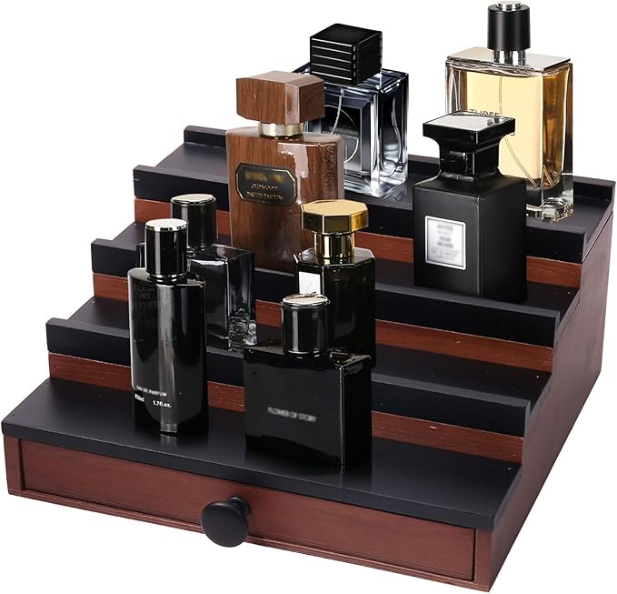 Cologne Organizer for Men - 4 Tier Brown Black Wooden Cologne Display Stand with Drawer and Hidden Compartment, Mens Cologne Holder Shelf for Organizing and Storing