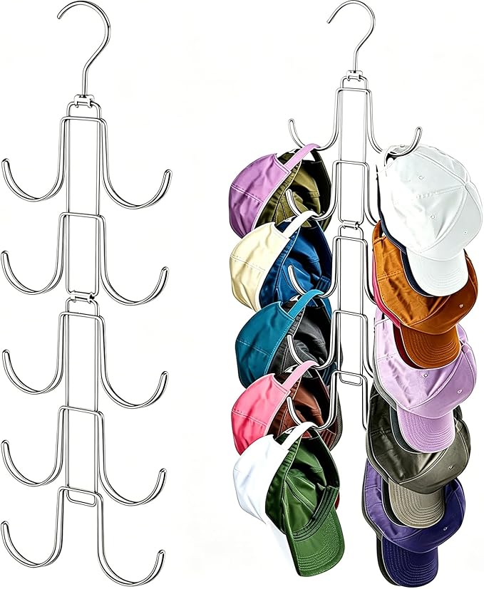 Baseball Hat Organizer for Closet: Hanging Cap Rack with 10 Rotatable Large Hooks - Metal Hat Hanger for Wall Home Door Apartment - Holds Up to 40 Baseball Caps - 1 Pack Sliver