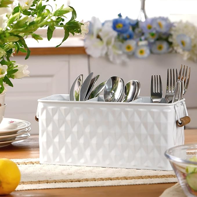 Silverware Caddy for Party Kitchen Flatware Holder for Countertop Metal White Diamond Pattern Embossed Cutlery Organizer with 3 Compartments for Utensils, Spoons, Knives, Forks, Cups,