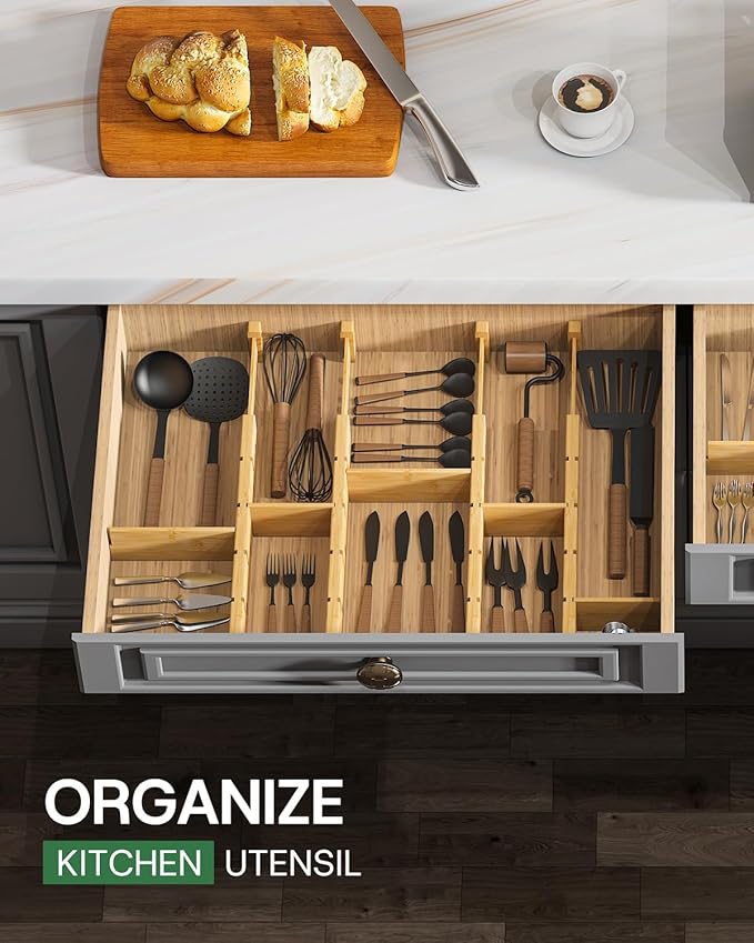 kiplant Kitchen Drawer Dividers - Adjustable Drawer Organizer for Clothes, Kitchen, Closet & Office - 8 Pack with Inserts, 13.8-18.8 Inches, Non-Slip Silicone Ends