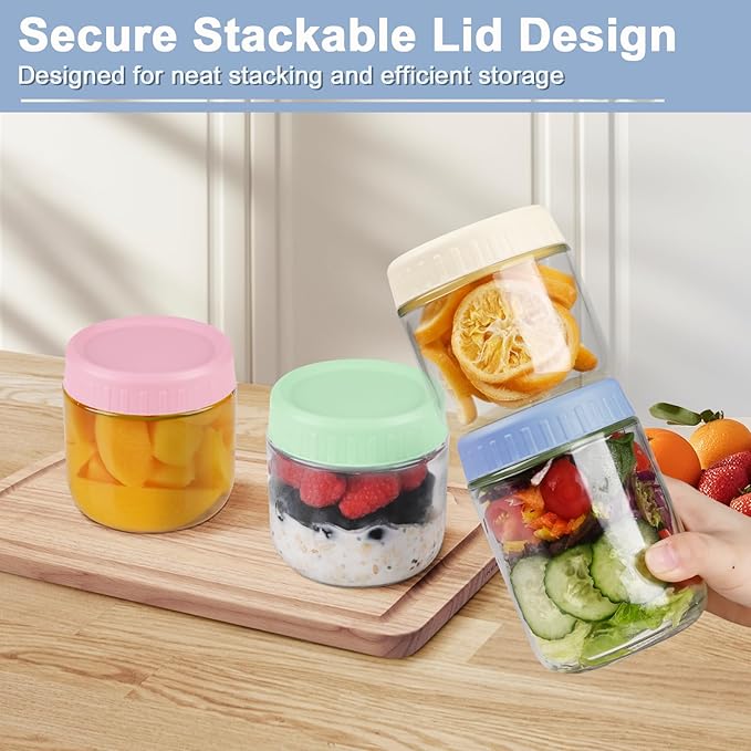 Overnight Oats Containers with Lids, 10oz Wide Mouth Mason Jars with Lids, 6 Pack Glass Jars with Airtight lid for Chia Pudding Yogurt Salad, Meal Prer Oatmeal Jars