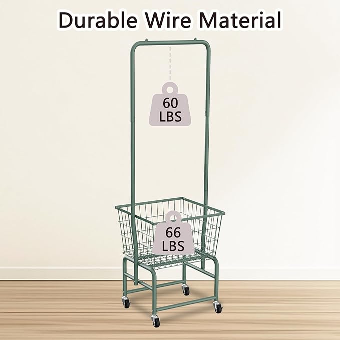 Rolling Laundry Cart with Wheels, Laundry Hamper Basket Organizer with Clothes Hanging Rack, Wire Storage Cloth Shelf Butler, Green