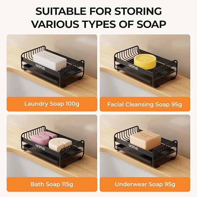 Soap Dish for Shower, Carbon Steel Bar Soap Holder with Drainage and Water Tray, Soap Saver for Bathroom, Kicthen Sink and Countertop