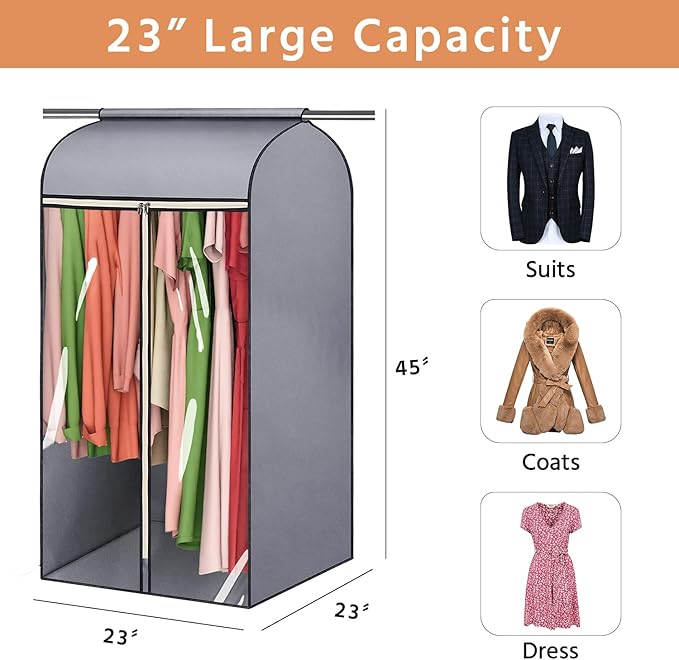 45'' Hanging Garment Bags for Closet Storage Sealed Completely Jackets Coats Suits Clothes Rack Cover for Wardrobe with Clear PVC Window and 3 Zippers Opening