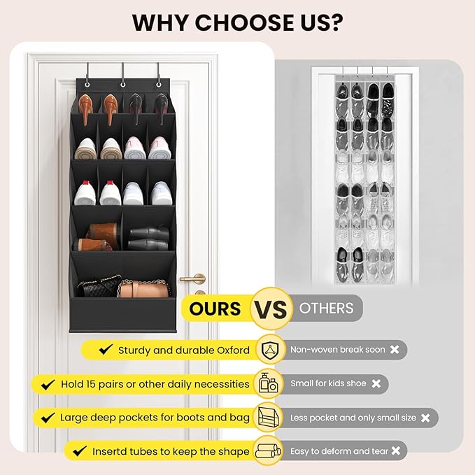 18 Pairs Over the Door Shoe Organizer, Shoe Rack for Closet Door with Large Breathable Pockets, Hanging Shoes Rack for Boots, Behind the Door Organizer Shoe Holder for Categorized Storage, Black