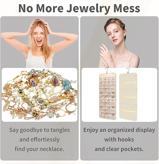 Hanging Jewelry Organizer Storage Roll with Hanger Metal Hooks Double-Sided Jewelry Holder for Earrings, Necklaces, Rings on Closet, Wall, Door, Large 14.17" x 33.07" (beige)