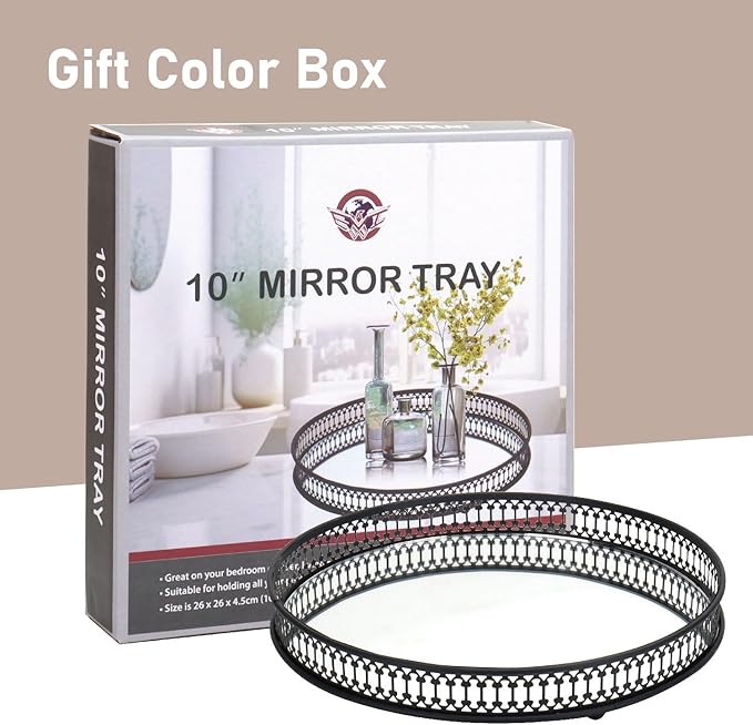 Perfume Tray, Mirror Tray, Vanity Decorative Tray with Metal for Dresser Bedroom Countertop Organizer,Mirrored Cosmetic Tray for Bathroom, Bedroom or Living Room, Black (Round)