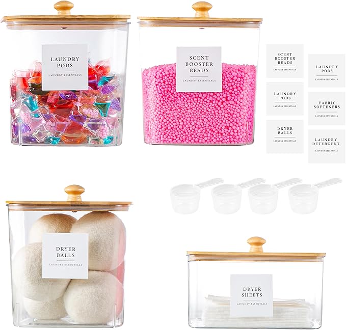 Laundry Room Organization Container, 4pcs Acrylic Laundry Pod Storage Containers, Dryer Sheet Holder Jars with Bamboo Lids and Labels for Scent Booster Powder Detergent Pods Storage