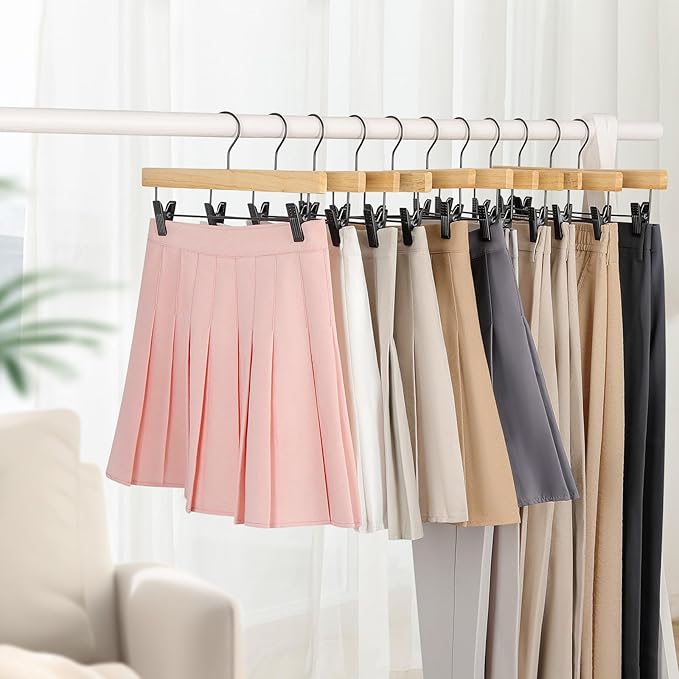 TOPIA HANGER Pants Hangers 20 Pack, Wooden Clothes Hangers with Black Clips and Rotatable Hook, Durable Natural Rubber Wood Hangers for Skirts, Pants, Jeans, Shorts - CTS05N