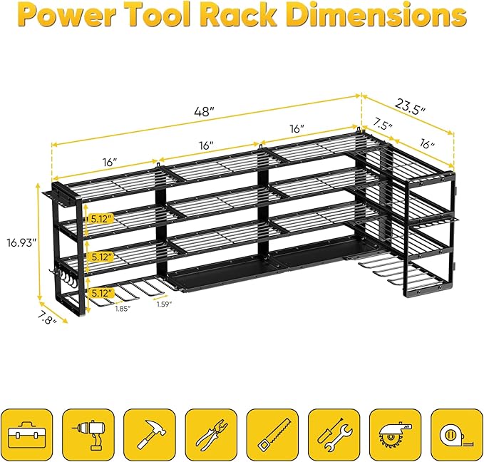 POKIPO Extra Large 64" W Power Tool Organizer Wall Mount, 1000 lbs Load Capacity, Heavy Duty 4 Tier Garage Storage Rack with 8 Drill Holders, 2 in 1 Corner or Straight Installation