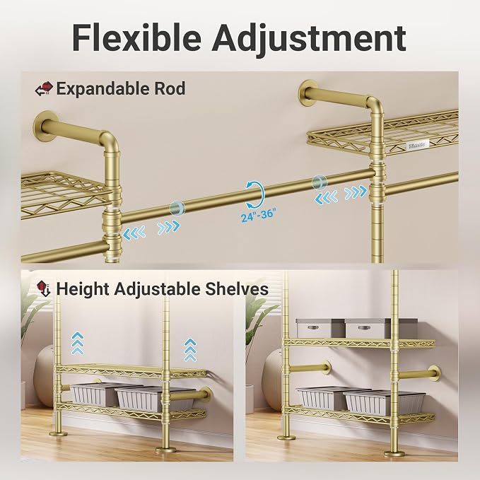 Timate F5 Expandable Wall Mounted Clothes Rack with 8 Adjustable Shelves & 4 Expandable Hanger Rods, Heavy Duty Industrial Pipe Clothing Rack for Hanging Clothes, Fits Spaces 10'3"- 12'3", Gold