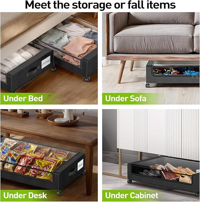APSARAS USA Under Bed Storage with Wheels, Underbed Storage with Wheels and Clear Window, Rolling Drawers & Bins for Shoes Clothes in Dorm Bedroom, Easy Pull-out Black 2-Pack- Space-Saving