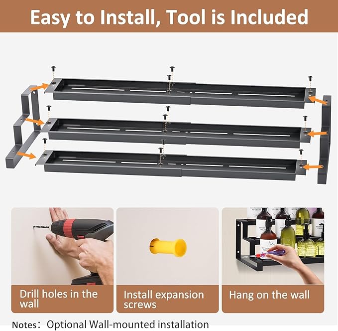 GOENDR Expandable Spice Rack Organizer for Cabinet, 3 Tier Metal Spice Organization,16"-29.5" Wide Adjustable Seasoning Organizer, Display Shelf, Canned Goods Organizer for Pantry Kitchen Countertop