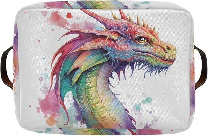 Large Storage Basket Watercolor Dragon Cube Storage Bin Canvas Fabric Organizer Handles Collapsible for Clothes Toys Bedroom Decorative