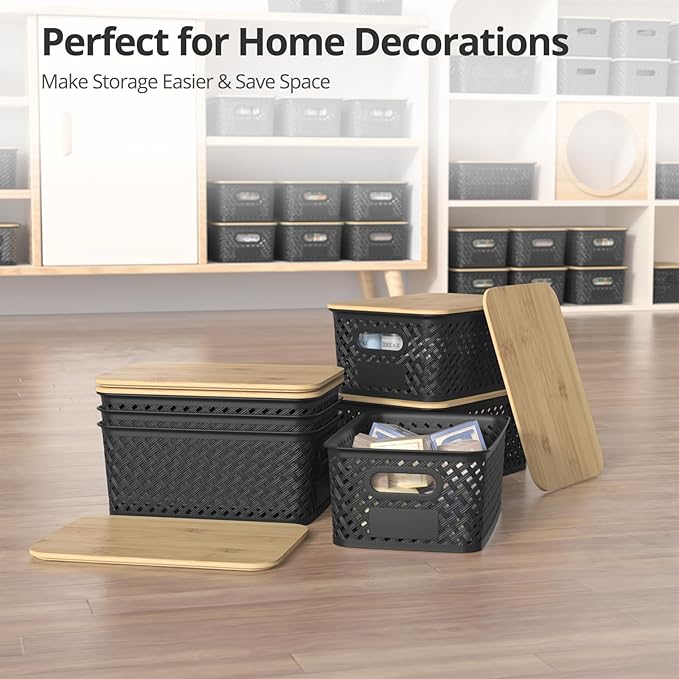 Plastic Storage Bins with Bamboo Lids, Stackable Small Box Baskets for Organizing and Containers for Shelves Drawers Desktop Closet Pantry Classroom Office Home, 6 Pack 10.2x7.2x4.1 Inch, Black