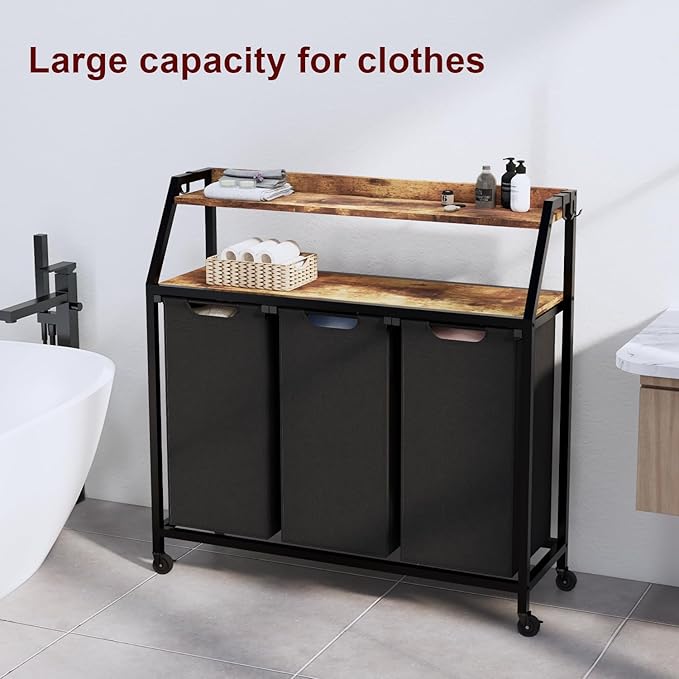 Timberer Laundry Hamper, Laundry Sorter 3 Section, Rolling Laundry Basket with Wheels, 2 Shelves, 3 × 14.5 Gal, Pull-Out and Removable Oxford Fabric Bags, for Laundry Room, Black and Rustic Brown