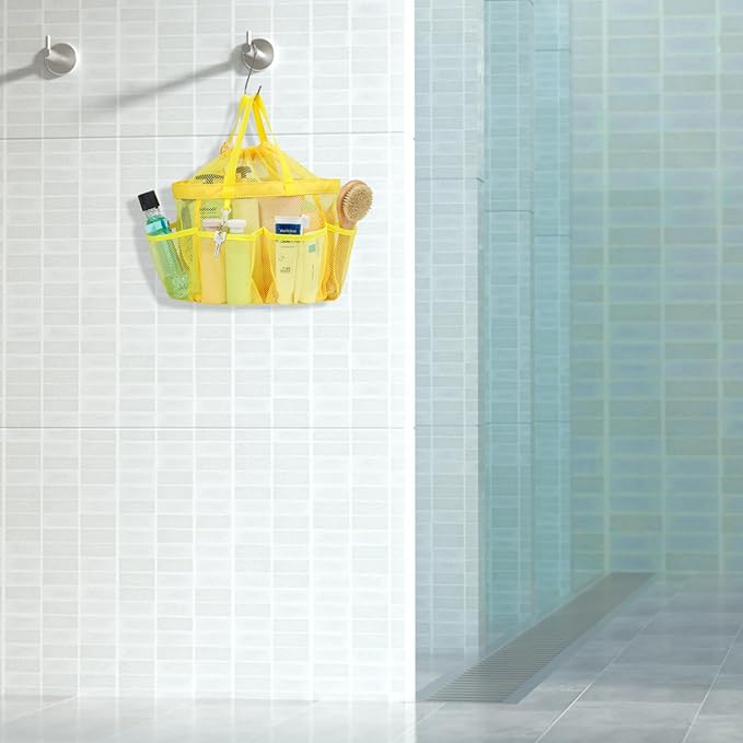 F-color Mesh Shower Caddy Portable with Drawstring - Large 8 Pockets Dorm Room Essentials for Guys Girls with S Hook, Shower Bag Basket Tote for College Camping Gym Travel Toiletry Bathroom, Yellow