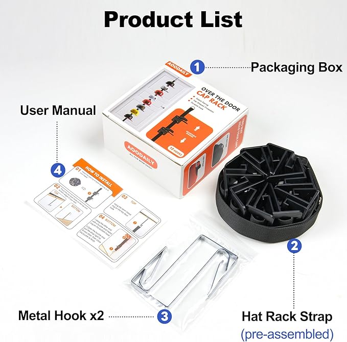Aoodaily Hat Rack for Door - Two-Way Hanging Caps with Display Hooks and Hanger, Hat Organizer for Baseball Caps, Over the Door Hat Storage Organizer for Bedroom, Entrance or Garage Doors - 1 Pack