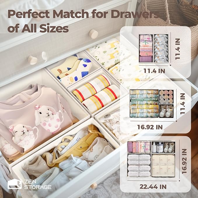 Cotton Linen Drawer Organizer for Baby Clothes, 12Pack Multi-Size Nursery Dresser Dividers for Clothes, Premium Foldable Storage Bins for Bedroom, Closet and Diaper Table, Beige