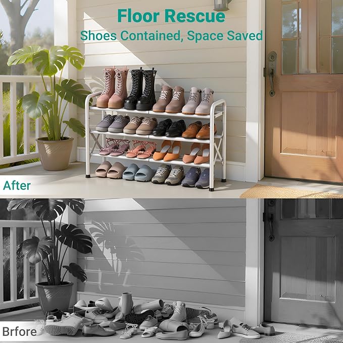 YEASHEIN 3-Tier Expandable Shoe Rack for Closet Floor, X-Frame Metal Small Shoe Rack for Entryway, Adjustable Shoe Shelf Organizer, Free Standing Shoe Racks for Front Door Entrance, Garage - White